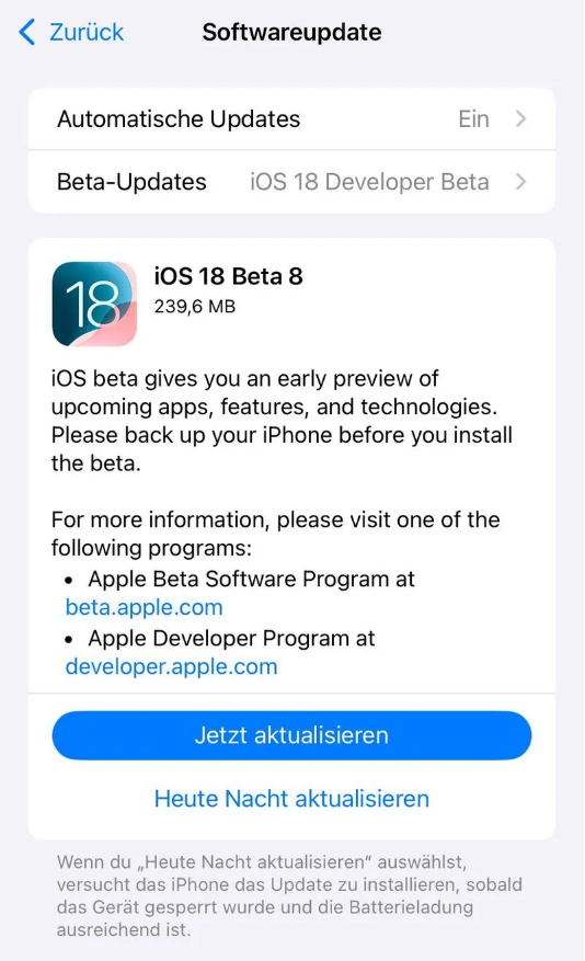 绥江苹果手机维修分享苹果 iOS / iPadOS 18 开发者预览版 Beta 8 发布 